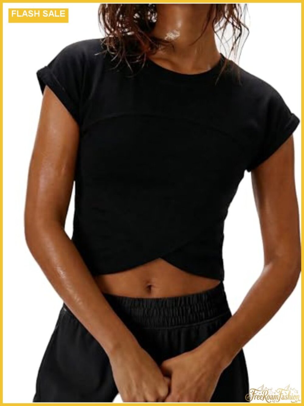 Women's Crop Tee Wrap Cross Hem Slim Fit Short Sleeve Workout Top
